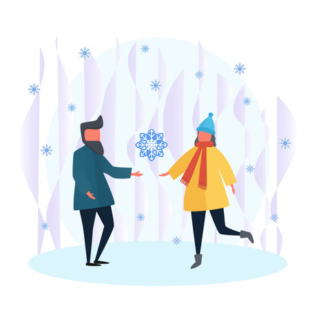 Young couple hold snowflake in their hands on Valentine's Dayのイラスト素材