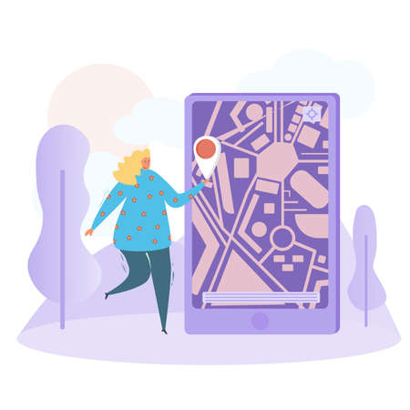 Vector illustration, Girl enjoys GPS. In gentle tonesのイラスト素材