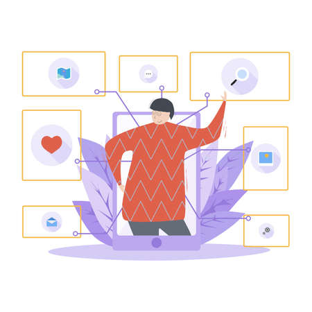 Vector illustration. man in smartphone surrounded by icons, images of joyのイラスト素材
