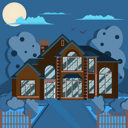 House in the suburbs of the district with residential buildings at night. Vector illustration. Urban area with real estate. Nature around the building. Moonlight.のイラスト素材