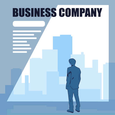 Businessman looking through window at urban skyline. Business and corporate world concept vector illustration with cityscape in sunset. Eps10 vector illustrationのイラスト素材