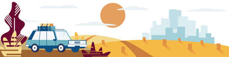 Rural summer landscape. A car is driving along the road. Vector illustration. Horizontal format