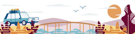 Vector flat illustration of background with hills. Car travel concept. The car crosses the bridge. Beautiful environmentのイラスト素材