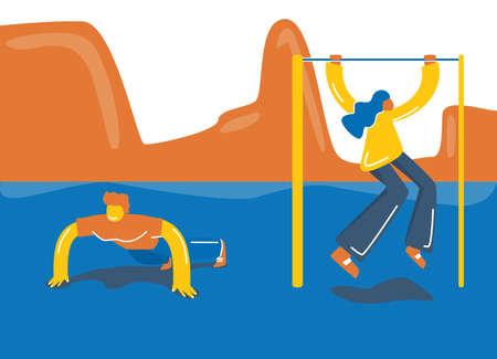 Vector illustration. The girl pulls herself up on the coward. The guy is a student push-ups. Bright,...
