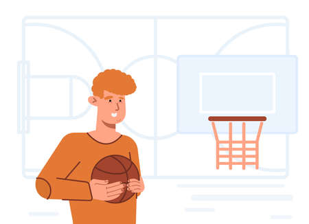 Happy red-haired basketball player in uniform with a ball. Cartoon vector illustration.のイラスト素材