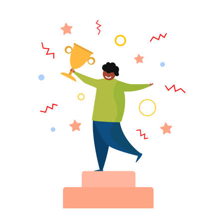 A man stands on a pedestal. Career ladder, landing page template. Development of skills, employees. Winner cup or profit on top. Happy African American businessman. Vector.のイラスト素材