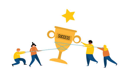 Business rope pulling. Tug war, people confrontation flat concept. Balance person game, team conflict or competition utter vector concept.のイラスト素材