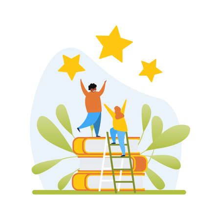 Diverse Students Group Walking Education Stairs. Metaphor Success Studding Poster. Vector Flat illustration.のイラスト素材