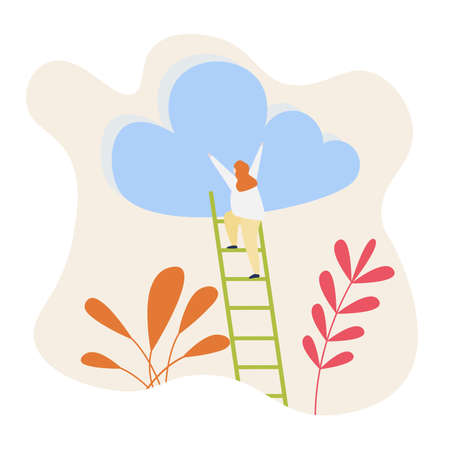 Cloud storage vector concept. The girl of them is trying to climb the cloud on the stairs.のイラスト素材