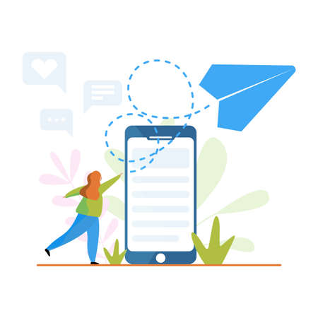 Vector woman sends, receives an online letter, envelopes, sms on Internet, e-mail. Sending, receiving open read messages on mobile phone. Girl launched paper,mail airplane.New notification.のイラスト素材