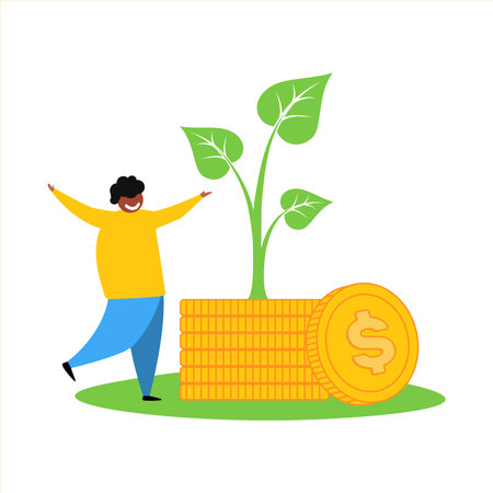 Eco Business Corporate Social Responsibility, Green Co2 Tax Concept. Businessman Character Holding Huge Golden Coin, at Money Piles with Green Plant Sprouts Growing on Top. Cartoon Vector Illustrationのイラスト素材
