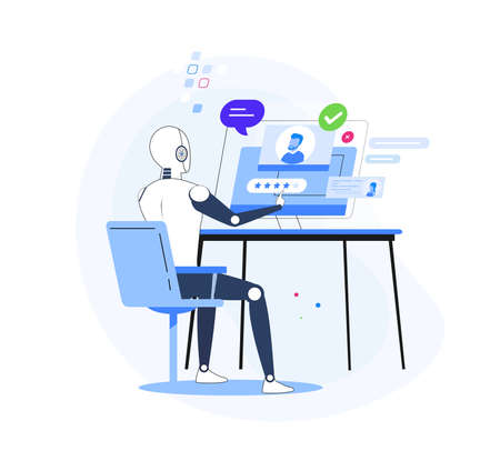 HR AI as human resources robots scanning CV for hiring tiny person concept. Modern technologies searching for labor, and vacancy candidates vector illustration. Automation analyzing work data bases.のイラスト素材