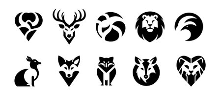 Set of vector icons with animals. Black silhouettes of wild animals.のイラスト素材