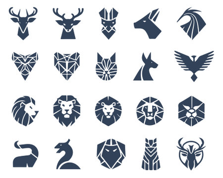 Set of animal icons. Collection of deer, wolf, goat, horse, antelope and other elements.のイラスト素材