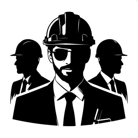 Vector illustration of a group of builders with hard hats and helmets.のイラスト素材