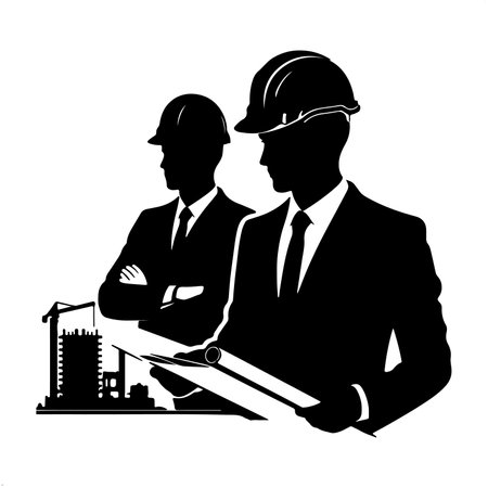 Engineer and architect working on a construction site. Vector illustration.のイラスト素材