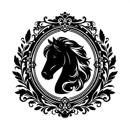 Horse heraldic coat of arms. Black and white vector illustration.のイラスト素材