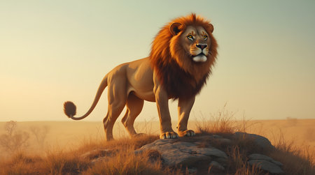 lion in the savannah at sunset. 3D illustration.の素材