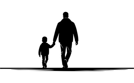 Silhouette of a father and his son walking on white backgroundのイラスト素材