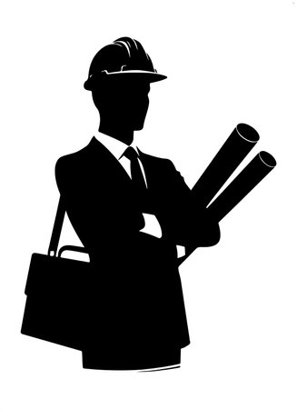 silhouette of a construction worker with plans on a white backgroundのイラスト素材