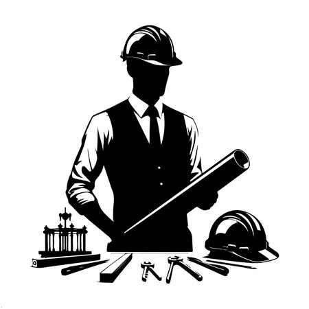 Vector illustration of architect with construction tools on white background. Black silhouette.のイラスト素材
