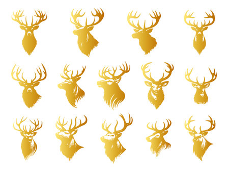 Deer head silhouettes. Vector set of golden deer heads.のイラスト素材