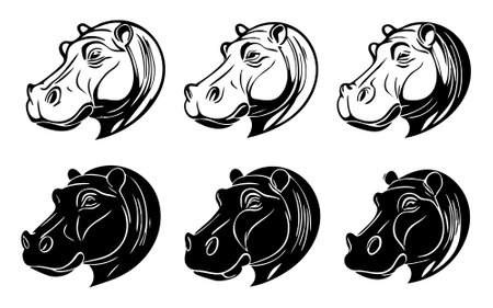 Hippo head vector set. Horse head black and white illustrationのイラスト素材