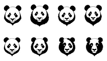 Set of panda head icons. Black and white vector illustration.のイラスト素材