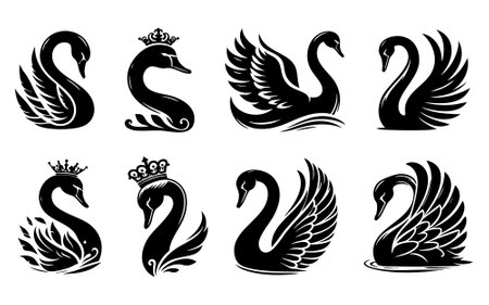 Swan icon set. Black and white swans vector symbols.のイラスト素材