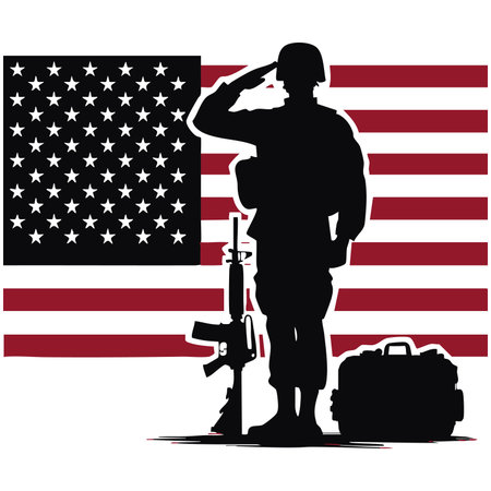 Soldier with rifle and american flag on background, vector illustrationのイラスト素材