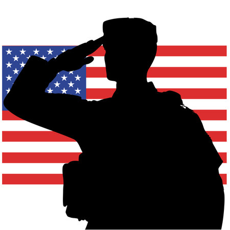 Soldier saluting with american flag in background, vector illustrationのイラスト素材