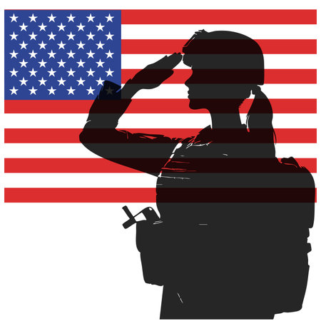 Soldier saluting with the american flag background, vector illustrationのイラスト素材