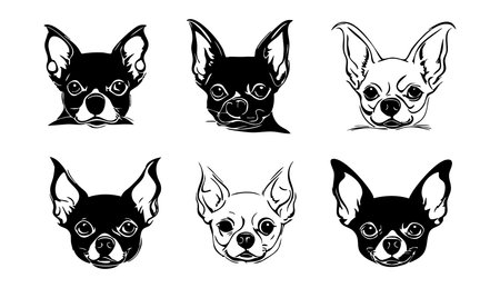 Chihuahua dog head vector illustration set. Black and white chihuahua dog head silhouette.のイラスト素材