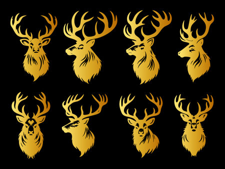 Deer head silhouettes set. Vector illustration isolated on black background.のイラスト素材