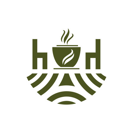 Coffee shop logo. Coffee cup, table, chairs, coffee beans and coffee leaves in line. flat vector template line logo.のイラスト素材