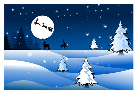 Vector illustration Beautiful winter night scene, christmas theme, Flying Silhouette of Santa and Christmas Reindeer in the moonlit sky.のイラスト素材