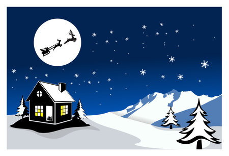 Vector illustration Beautiful winter night scene, Christmas theme, Silhouettes of flying Santa and Reindeer, fir trees and Christmas houses under the moonlit sky.のイラスト素材