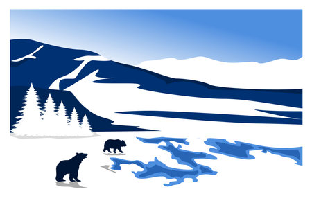 illustration of two polar bears with a backdrop of snowy mountains. suitable for backgrounds, wall decorations, covers, posters.のイラスト素材