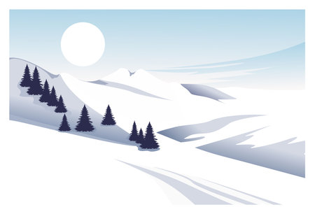 illustration of a view of mountains and snowy land accompanied by pine trees and moonlight. Suitable for backgrounds, advertisements, wall decorations, screen decorations, coversのイラスト素材