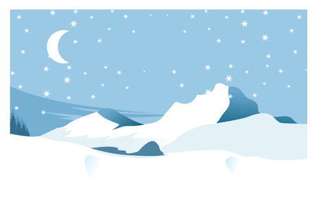 illustration of a view of snow mountains with a crescent moon shining above them. Suitable for backgrounds, wall decorations, posters, covers, display screens.のイラスト素材