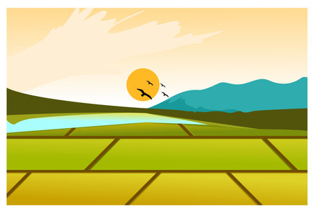 Beautiful natural scenery illustration of rice fields and rivers with mountains in the background under the setting sun. Suitable for background, wall decoration and screen displayのイラスト素材