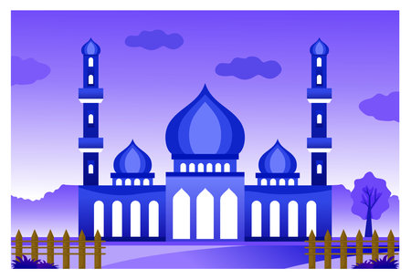 Cool Islamic themed landscape background illustration image with mosque, fence, under purple night sky, suitable for Ramadan themed background.のイラスト素材