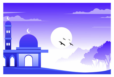 Illustration of Islamic themed natural scenery background with objects of mosque, mountains, flying birds, trees, and moon shining on a beautiful night.のイラスト素材