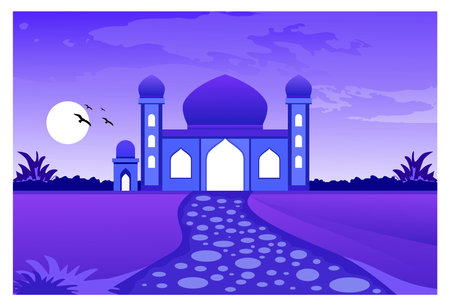 Islamic themed nature scenery background illustration with mosque, road, flying birds, grass and shining moon on a clear night.のイラスト素材