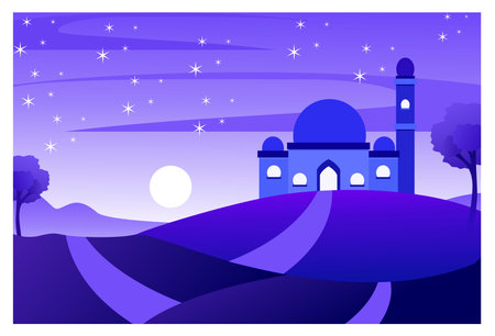 Illustration of an Islamic themed natural scenery background with objects of a mosque on the hills, trees, stars, and the moon on a clear night.のイラスト素材