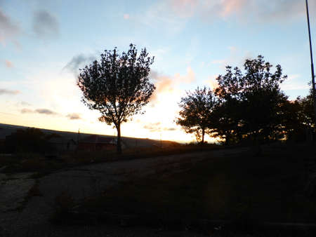 The sky is blue, clouds at sunsetの写真素材