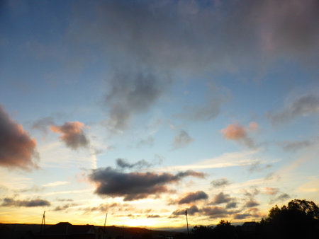The sky is blue, clouds at sunsetの写真素材