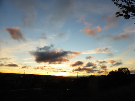 The sky is blue, clouds at sunsetの写真素材