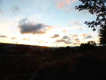 The sky is blue, clouds at sunsetの写真素材