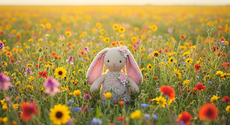 A soft, cream-colored teddy rabbit figurine stands in a vibrant wildflower field.  Colorful wildflowers and sunflowers fill the scene with warm sunlight. The image is outdoors, likely during the golden hour, showcasing a cheerful and peaceful scene.  Suitable for use in commercial or editorial projects featuring nature, children's items, or relaxation themes.の素材